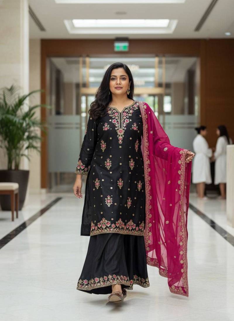 Black georgette embroidered sharara set