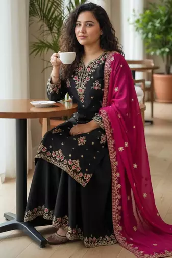 Black georgette embroidered sharara set