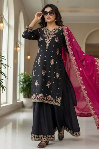 Black georgette embroidered sharara set