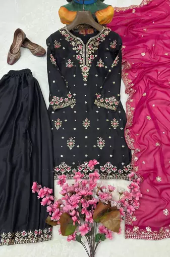 Black georgette embroidered sharara set