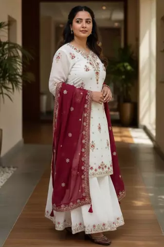 White georgette embroidered sharara set
