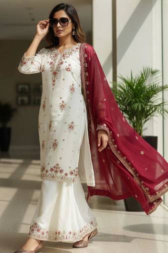 White georgette embroidered sharara set