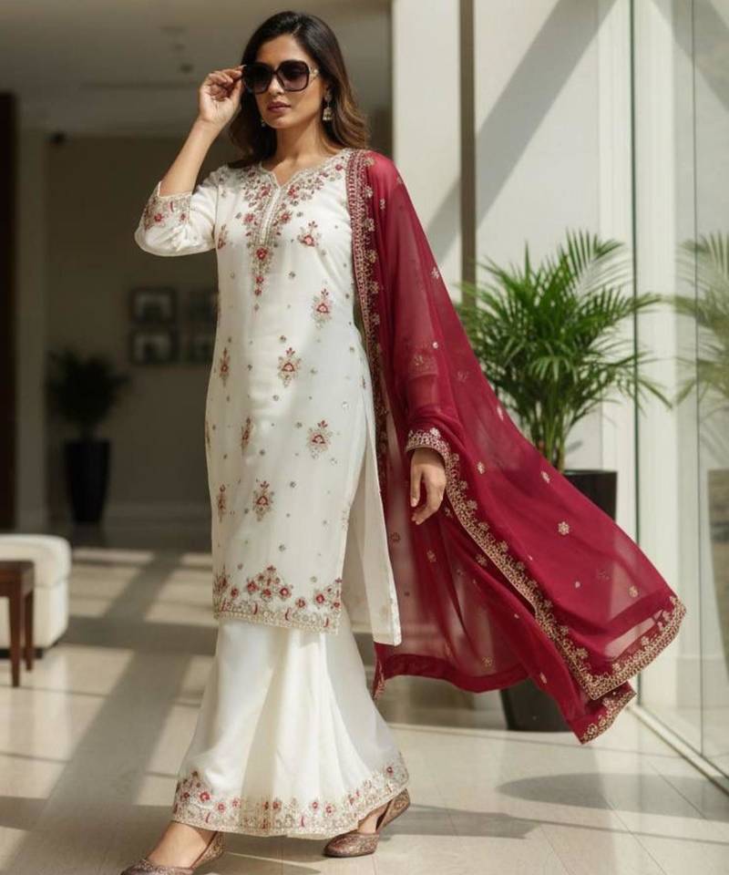 White georgette embroidered sharara set