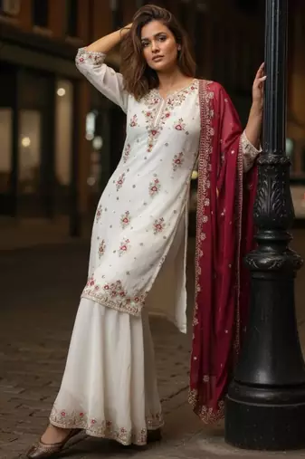 White georgette embroidered sharara set