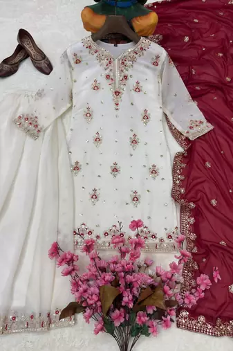 White georgette embroidered sharara set