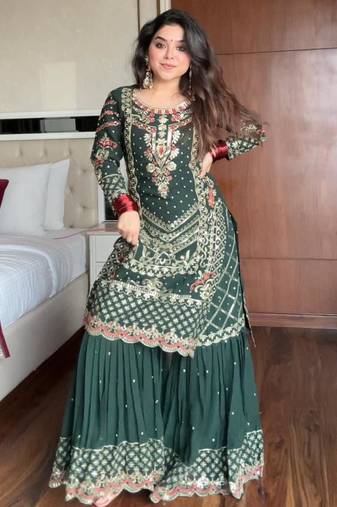 Teal georgette embroidered sharara set