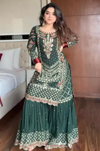 Teal georgette embroidered sharara set
