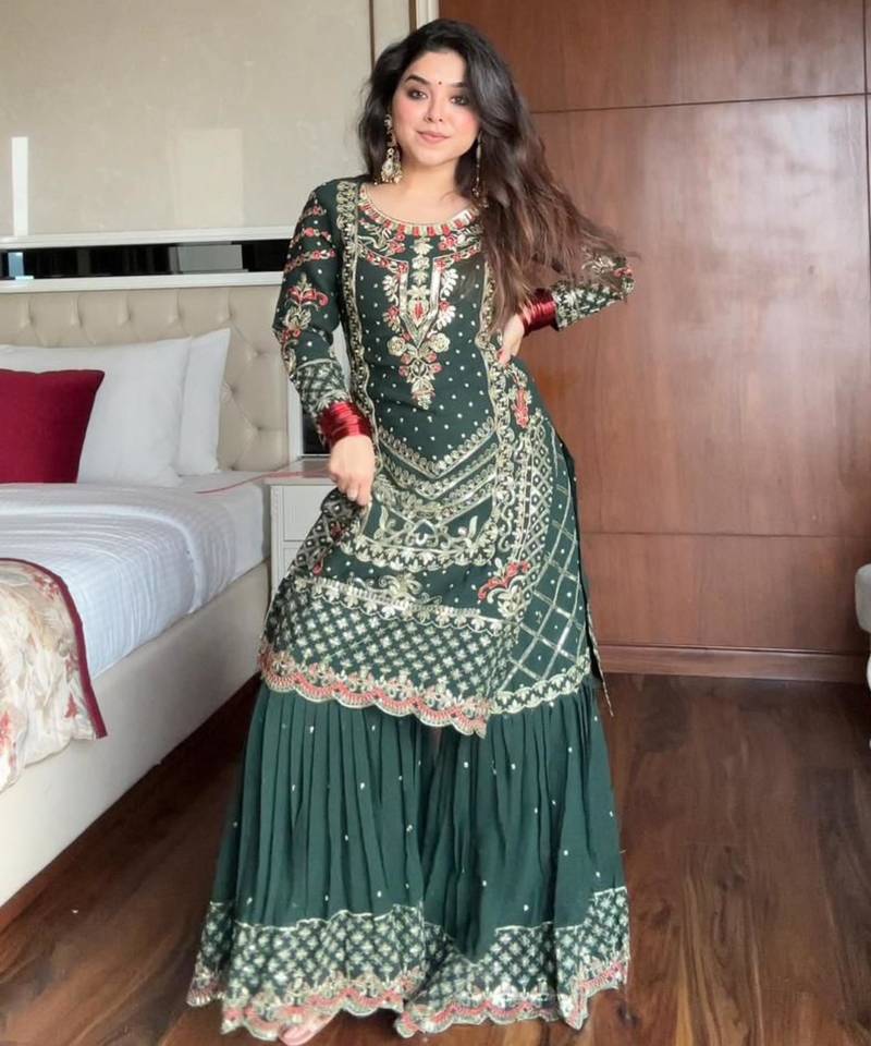 Teal georgette embroidered sharara set