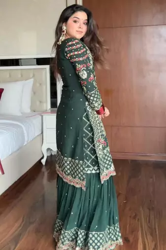 Teal georgette embroidered sharara set