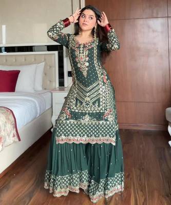 Teal georgette embroidered sharara set 3