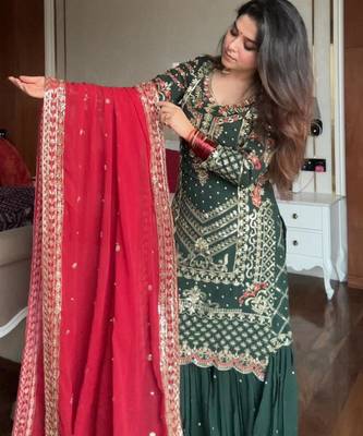Teal georgette embroidered sharara set 4