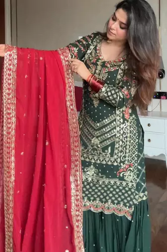 Teal georgette embroidered sharara set