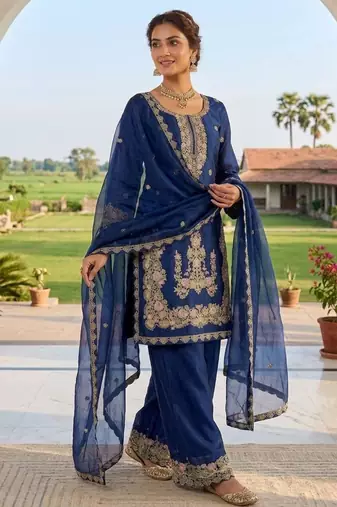 Royal blue silk blend embroidered sharara set