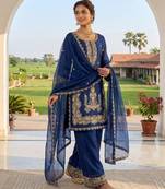 Royal blue silk blend embroidered sharara set