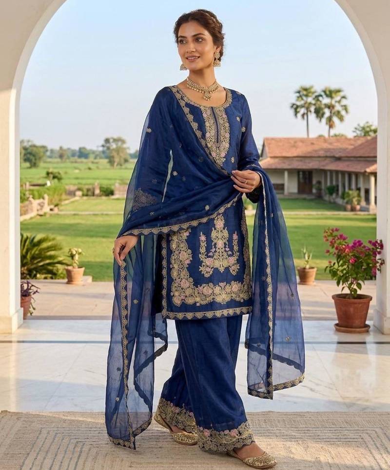 Royal blue silk blend embroidered sharara set