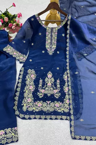 Royal blue silk blend embroidered sharara set