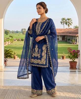 Royal blue silk blend embroidered sharara set 3