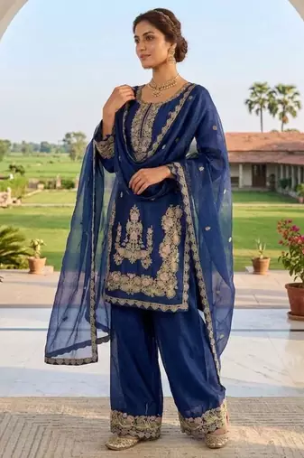 Royal blue silk blend embroidered sharara set