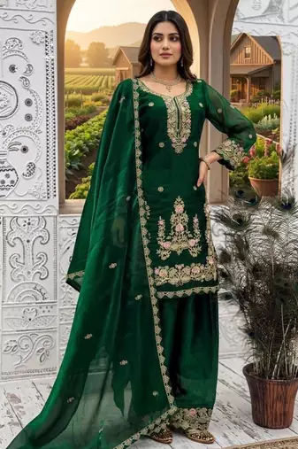 Green silk blend embroidered sharara set