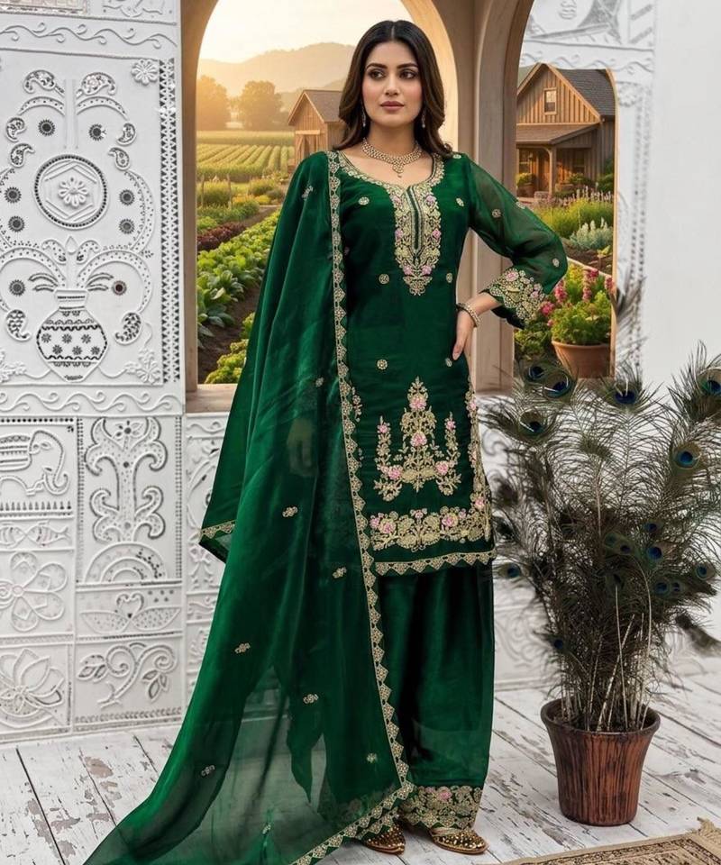 Green silk blend embroidered sharara set
