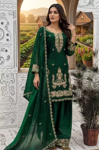 Green silk blend embroidered sharara set