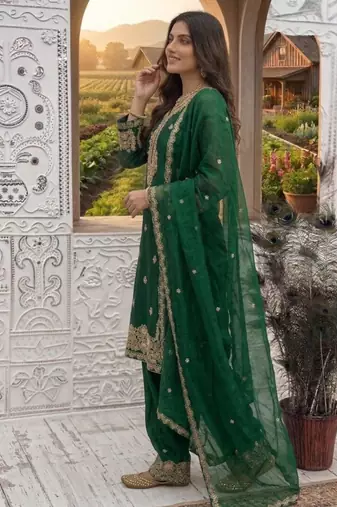 Green silk blend embroidered sharara set