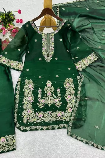 Green silk blend embroidered sharara set