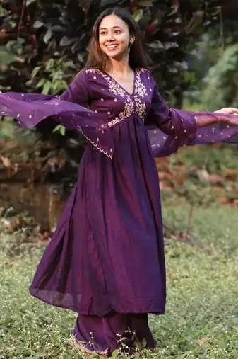 Purple silk blend embroidered alia cut kurta set