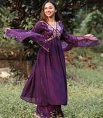 Purple silk blend embroidered alia cut kurta set