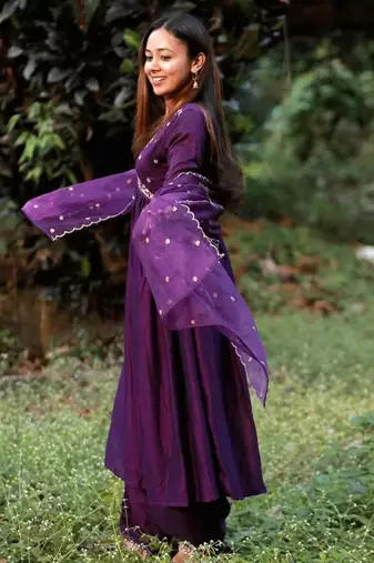 Purple silk blend embroidered alia cut kurta set