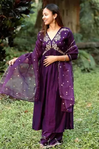 Purple silk blend embroidered alia cut kurta set