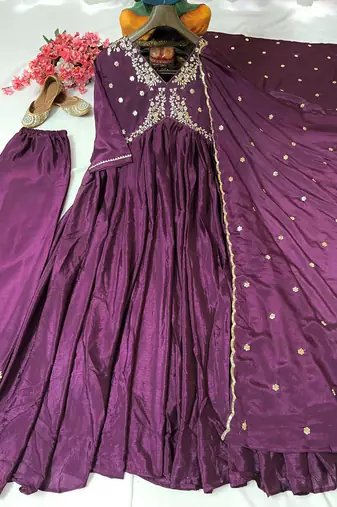 Purple silk blend embroidered alia cut kurta set