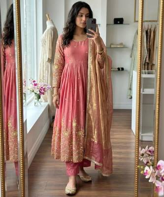 Pink satin embroidered gown set 1