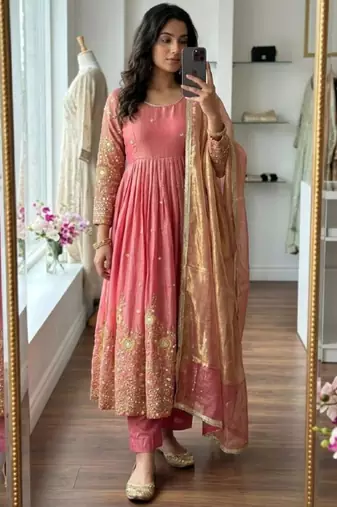 Pink satin embroidered gown set