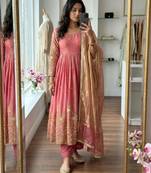 Pink satin embroidered gown set