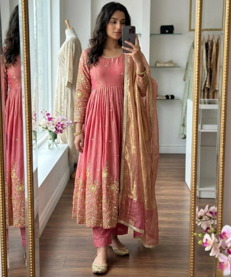 Pink satin embroidered gown set