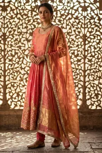 Pink satin embroidered gown set