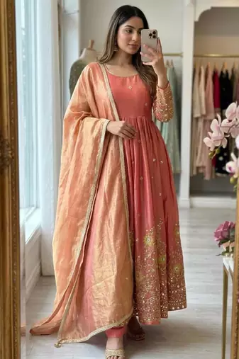 Pink satin embroidered gown set
