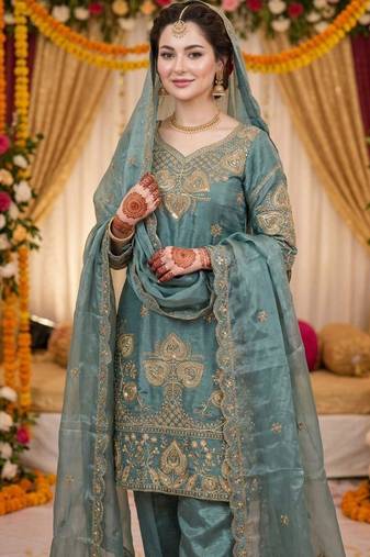 Sky blue silk blend embroidered salwaar kameez
