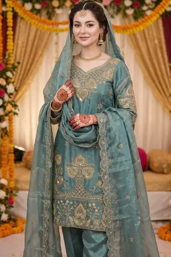 Sky blue silk blend embroidered salwaar kameez