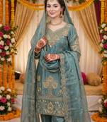 Sky blue silk blend embroidered salwaar kameez