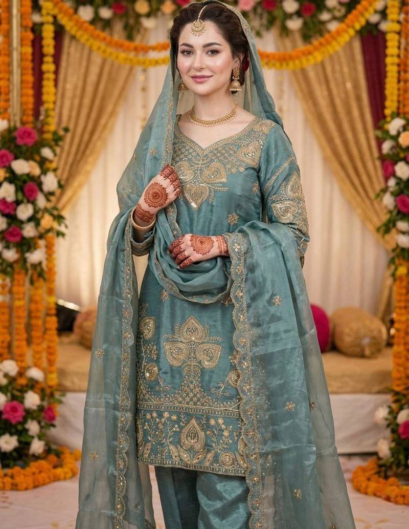 Sky blue silk blend embroidered salwaar kameez