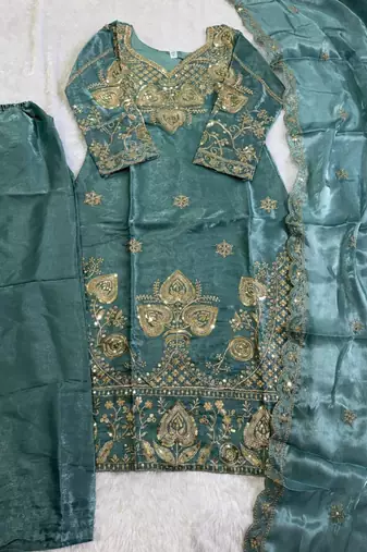 Sky blue silk blend embroidered salwaar kameez