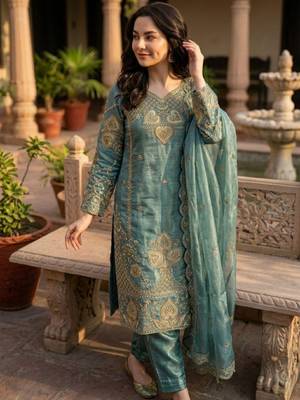 Sky blue silk blend embroidered salwaar kameez 3