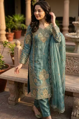 Sky blue silk blend embroidered salwaar kameez