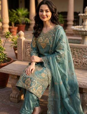 Sky blue silk blend embroidered salwaar kameez 4