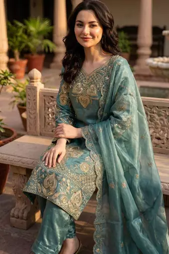 Sky blue silk blend embroidered salwaar kameez