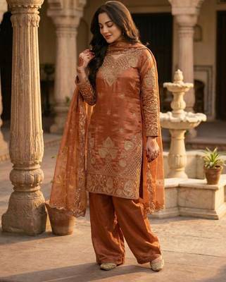 Orange silk blend embroidered salwaar kameez 1