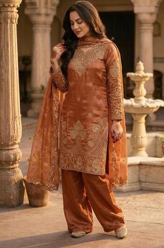 Orange silk blend embroidered salwaar kameez
