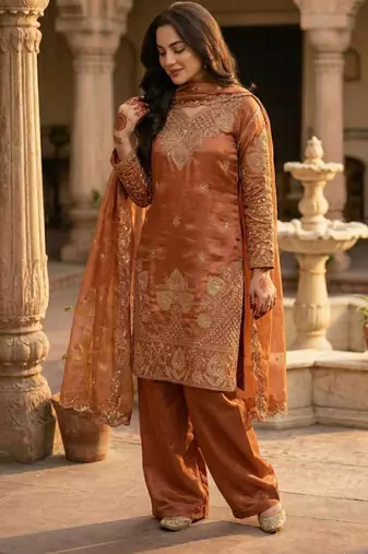 Orange silk blend embroidered salwaar kameez